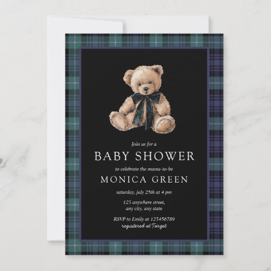 Ralph Teddy Bear Navy Green Plaid Baby Shower Kaart (Voorkant)