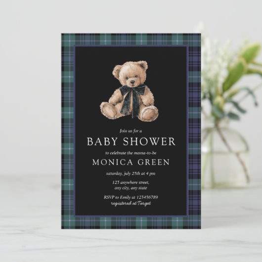 Ralph Teddy Bear Navy Green Plaid Baby Shower Kaart (Staand voorkant)