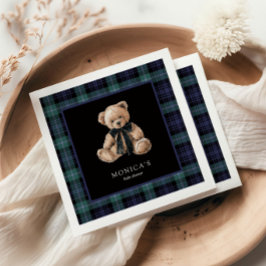 Ralph Teddy Bear Navy Green Plaid Baby Shower Servet