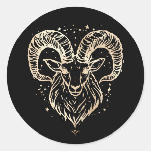 Ram Aries Hoofd in Goud op Zwarte Astrologie Kunst Ronde Sticker