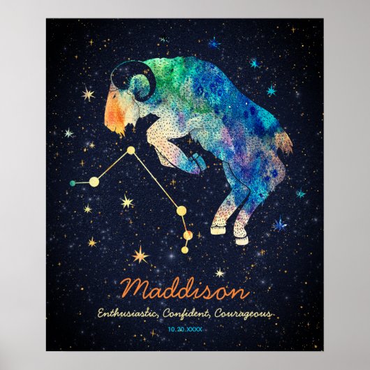 Ram Constellation Zodiac Waterverf Sterren Galaxy Poster (Voorkant)