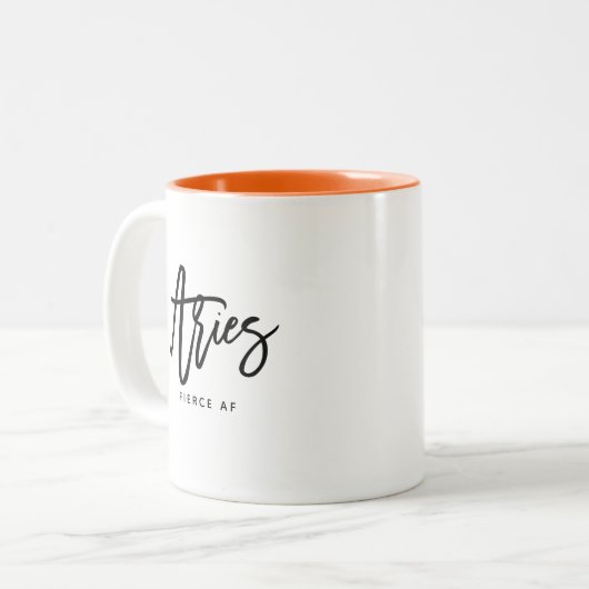 Ram Horoscoop Modern Script Zodiac Sign Tweekleurige Koffiemok (Voorkant links)