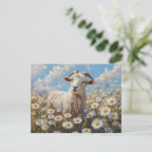 Ram in een Daisy Field schilderij Briefkaart (Staand voorkant)