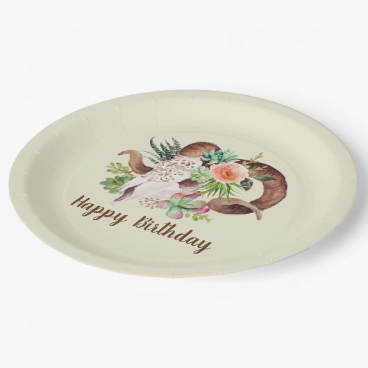 Ram Skull en Succulents Birthday Papieren Bordje (Gekanteld)