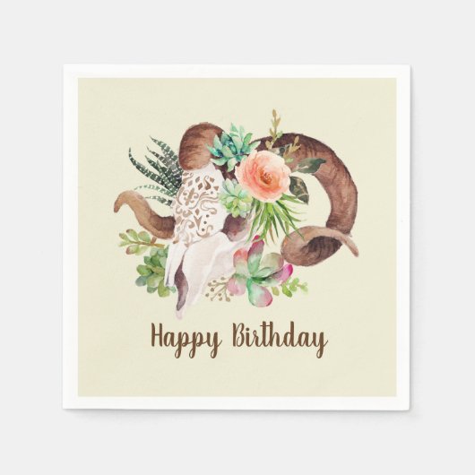 Ram Skull en Succulents Birthday Servet (Voorkant)