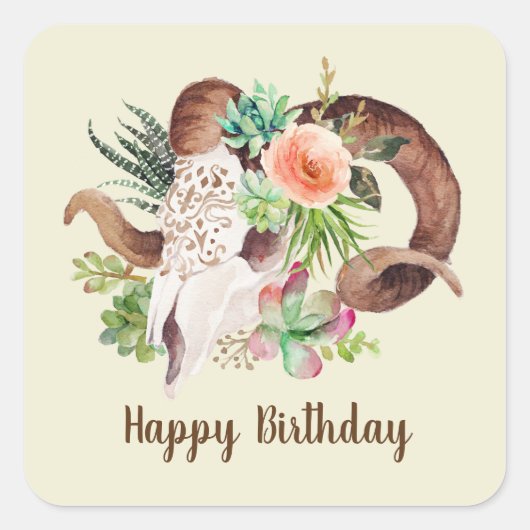 Ram Skull en Succulents Birthday Vierkante Sticker (Voorkant)