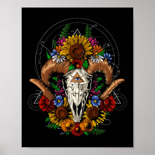 Ram Skull Flowers Poster