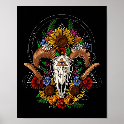Ram Skull Flowers Poster (Voorkant)
