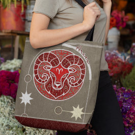 Ram Sterrenbeeld Rood Wit Grijs Mandala Tote Bag