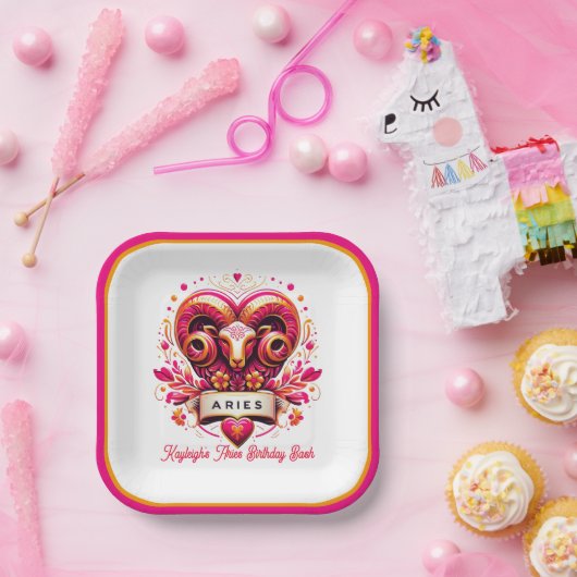 Ram sterrenbeeld Roze en Oranje Ram Verjaardag Papieren Bordje (Feest)