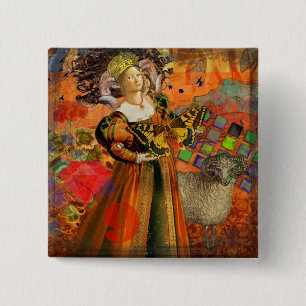 Ram Vrouw Oranje: Gotische Ram Antieke Kunst Colla Vierkante Button 5,1 Cm
