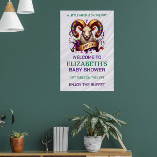 Ram Zodiac Baby Shower Lavendel en Groen Poster