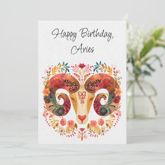 Ram Zodiac Boho Floral Verjaardag Flat Kaart (Staand voorkant)