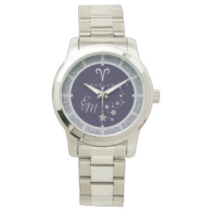 Ram Zodiac Zilver Glitter Donkerblauw Monogram Horloge