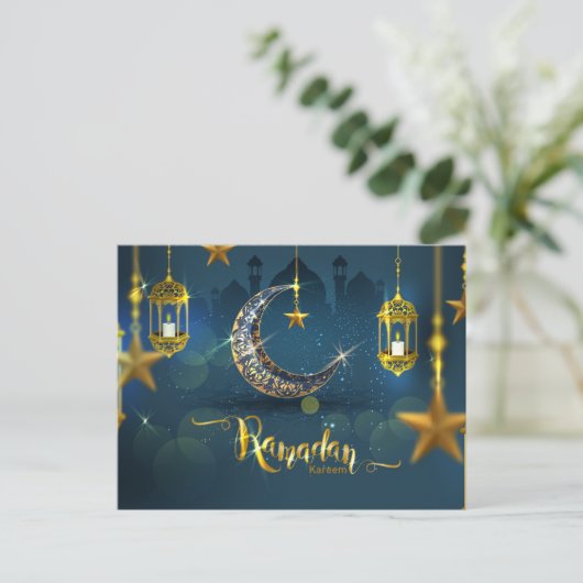 Ramadan Blue en Gold Moon Fanoos Briefkaart (Staand voorkant)