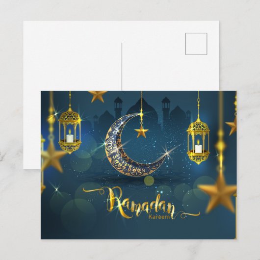 Ramadan Blue en Gold Moon Fanoos Briefkaart (Voorkant / Achterkant)