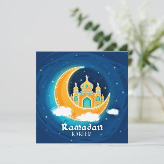 Ramadan Blue Waterverf moskee Feestdagenkaart (Staand voorkant)