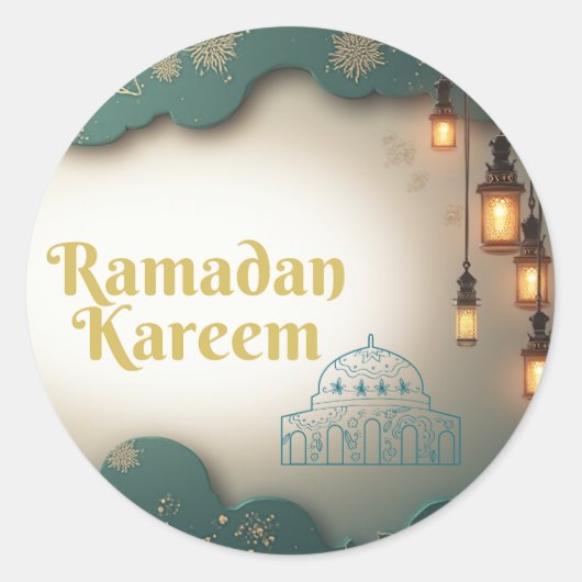 Ramadan Elegance Green & Gold Lanterns and Mosque Ronde Sticker (Voorkant)