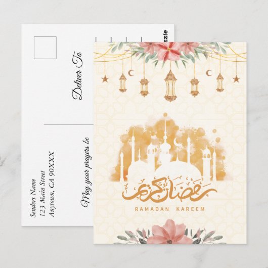 Ramadan Kareem Bloemen Waterverf Lantaarns Briefkaart (Voorkant / Achterkant)