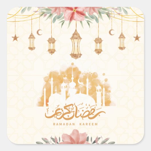 Ramadan Kareem Bloemen Waterverf Lantaarns Vierkante Sticker (Voorkant)