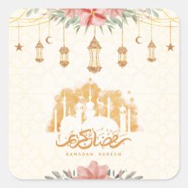 Ramadan Kareem Bloemen Waterverf Lantaarns Vierkante Sticker
