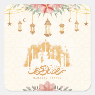 Ramadan Kareem Bloemen Waterverf Lantaarns Vierkante Sticker