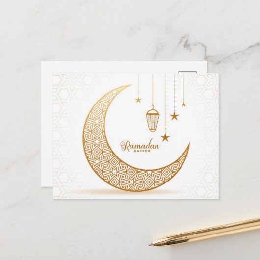 Ramadan Kareem Gold Crescent Briefkaart (Voorkant / Achterkant in situ)