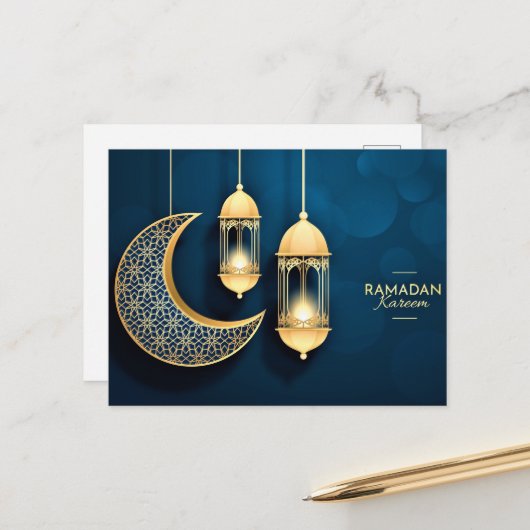 Ramadan Kareem Gold Crescent en lantaarn Briefkaart (Voorkant / Achterkant in situ)