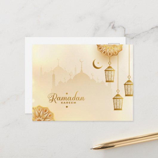 Ramadan Kareem Gold Crescent en lantaarn Briefkaart (Voorkant / Achterkant in situ)