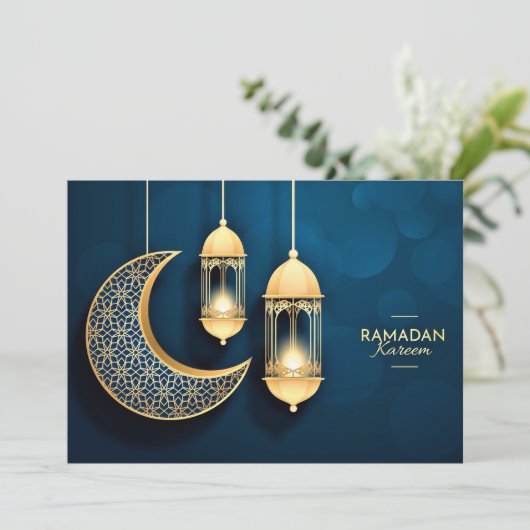 Ramadan Kareem Gold Crescent en lantaarn Feestdagenkaart (Staand voorkant)