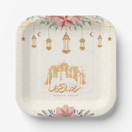 Ramadan Kareem Iftar Bloemen Waterverf Lantaarns Papieren Bordje (Voorkant)