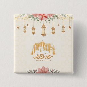 Ramadan Kareem Iftar Bloemen Waterverf Lantaarns Vierkante Button 5,1 Cm