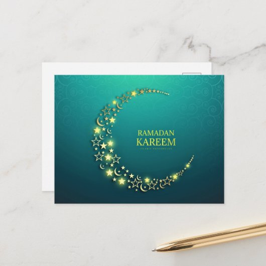 Ramadan Kareem Islamic Gold Crescent Briefkaart (Voorkant / Achterkant in situ)