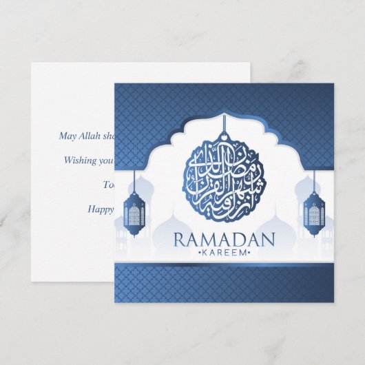 Ramadan Kareem Mubarak Blue White Calligrafie Feestdagenkaart (Voorkant / Achterkant)