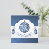 Ramadan Kareem Mubarak Blue White Calligrafie Feestdagenkaart (Staand voorkant)