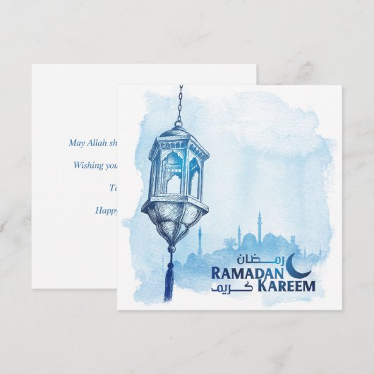 Ramadan Kareem Mubarak Waterverf Blauwe Moskee Feestdagenkaart (Voorkant / Achterkant)