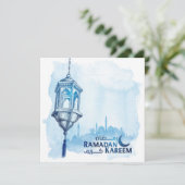 Ramadan Kareem Mubarak Waterverf Blauwe Moskee Feestdagenkaart (Staand voorkant)