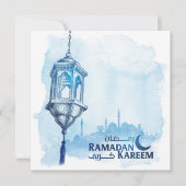 Ramadan Kareem Mubarak Waterverf Blauwe Moskee Feestdagenkaart (Voorkant)
