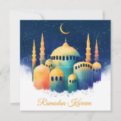 Ramadan Kareem Mubarak Waterverf Cresent Mosque Feestdagenkaart (Voorkant)