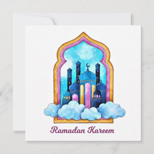 Ramadan Kareem Waterverf Moslimmoskee Feestdagenkaart (Voorkant)