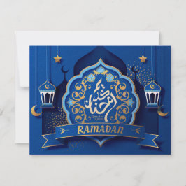 Ramadan Mubarak Arabisch Calligrafiepatroon Blauw Feestdagenkaart