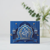Ramadan Mubarak Arabisch Calligrafiepatroon Blauw Feestdagenkaart (Staand voorkant)