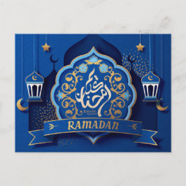 Ramadan Mubarak Arabisch Calligrafiepatroon Blauw Feestdagenkaart