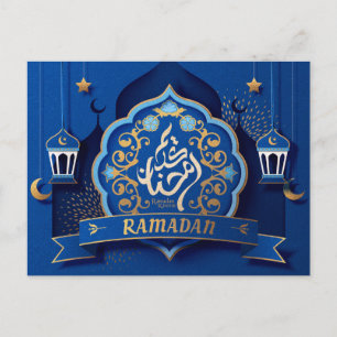 Ramadan Mubarak Arabisch Calligrafiepatroon Blauw Feestdagenkaart