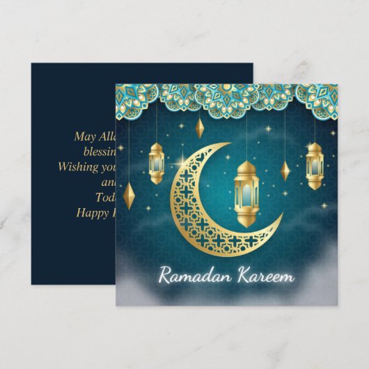 Ramadan Mubarak Blue Gold Crescent Islamic Lantern Feestdagenkaart (Voorkant / Achterkant)