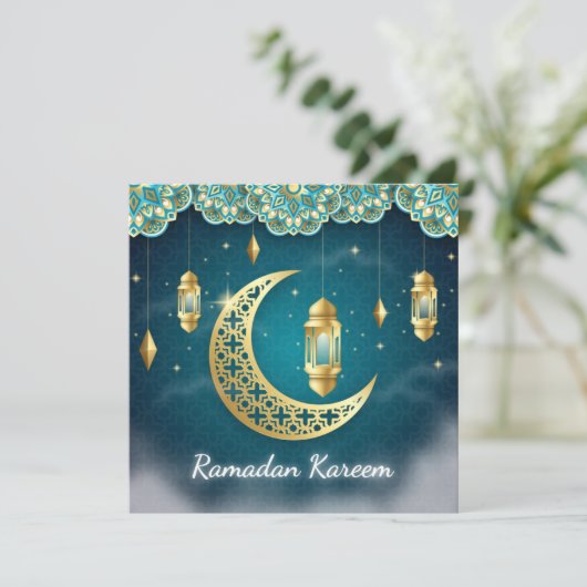 Ramadan Mubarak Blue Gold Crescent Islamic Lantern Feestdagenkaart (Staand voorkant)
