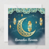 Ramadan Mubarak Blue Gold Crescent Islamic Lantern Feestdagenkaart (Voorkant)