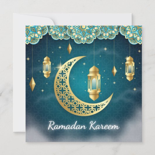 Ramadan Mubarak Blue Gold Crescent Islamic Lantern Feestdagenkaart (Voorkant)