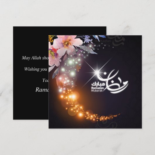 Ramadan Mubarak Glanzende Halve Maan Roze Bloemen Feestdagenkaart (Voorkant / Achterkant)