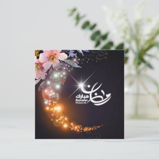Ramadan Mubarak Glanzende Halve Maan Roze Bloemen Feestdagenkaart (Staand voorkant)